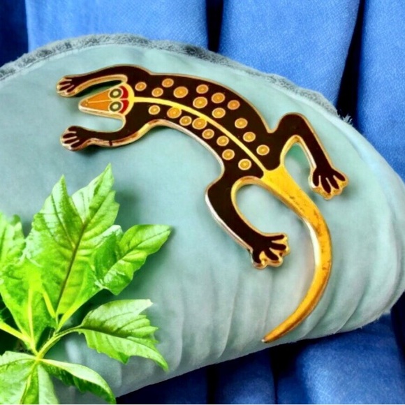 Laurel Burch Lizard Brooch Pin Cloisonne Enamel Gecko Vintage 90's Signed - Picture 3 of 14